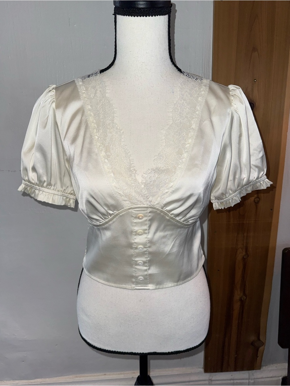 Ivory Lace Trim Satin Cropped Blouse